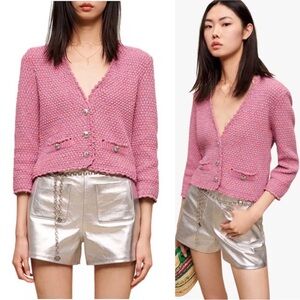 MAJE V-neck Minigram Textured Tweed Effect Cardigan In Pink Size 1 Small